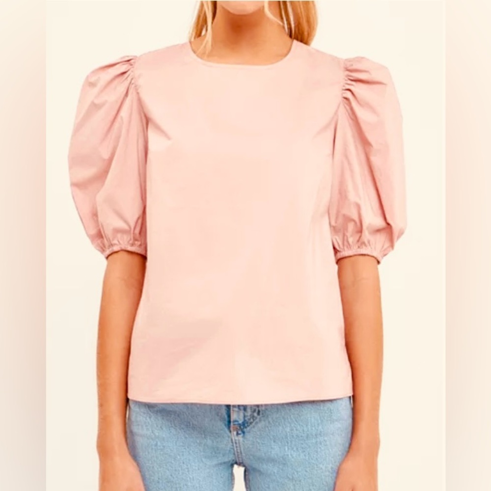 English Factory Poplin Puffed Sleeve Scooped Neck Blush Baby Pink Blouse Top